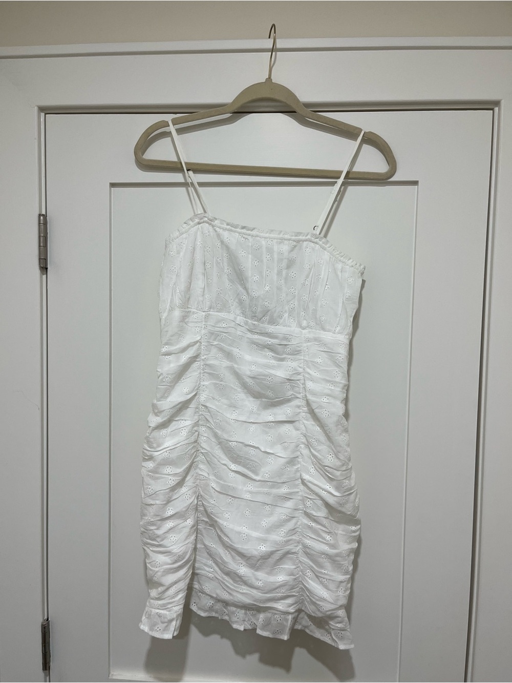 White Hollister Eyelet Ruched Strap Dress